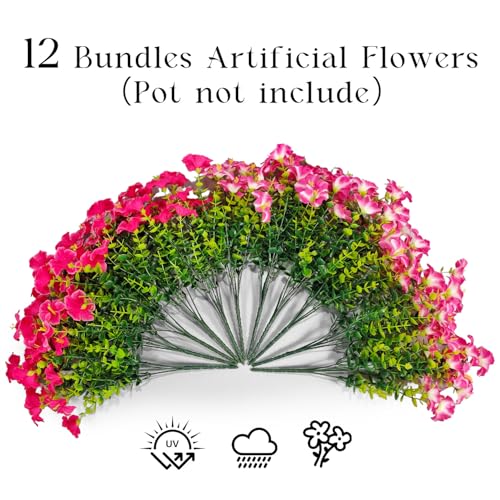 Artificial Flowers for Outdoors Decoration, 12 Bundles Fake Silk Morning Glory with Faux Plastic Eucalyptus UV Resistant for Outside Front Door Porch Planters Patio Garden Decor (MultiColor 5) - color: Multicolor 5