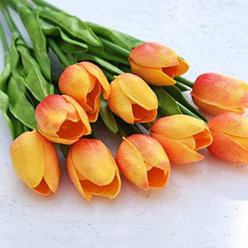 FiveSeasonStuff Real Touch Tulips Artificial Flowers – 15 Stems Faux Tulip Bouquet in Gift Box for Wedding, Home Decor, Party, Floral Arrangements (Sunset Orange) - color: #11 Sunset Orange