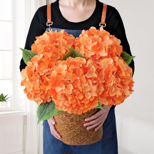 JINWOE 5Pcs 20Inch Orange Artificial Hydrangeas, Full Silk Flower Heads with Stem, Halloween Fake Hydrangea Flowers for Wedding Home Garden Centerpiece Floral Arrangements - color: Orange