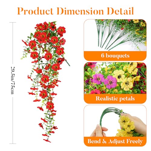 AGIRL 6 Bundles Artificial Flowers for Outdoors,Faux Silk Flowers with Leaves for Spring Summer Decoration,UV Resistant Silk Fake Hanging Flowers for Garden,Patio,Porch,Yard,Farmhouse Decor - color: Red Yellow Purple