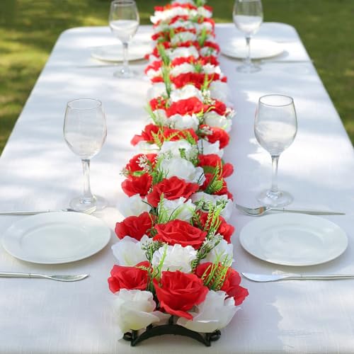 Tableclothsfactory 6 Pack Red Ivory Silk Rose Flower Panel Table Runner, Artificial Floral Arrangements Dining Table Decor - 20"x8"