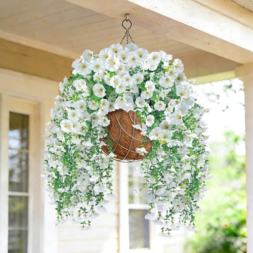 Artificial Hanging Flowers for Outdoors, 4Pcs UV Resistant Artificial Hanging Morning Glory Flowers, Spring Realistic Faux Outdoor Flower for Porch Patio Yard Garden Farmhouse Decor (White - color: White