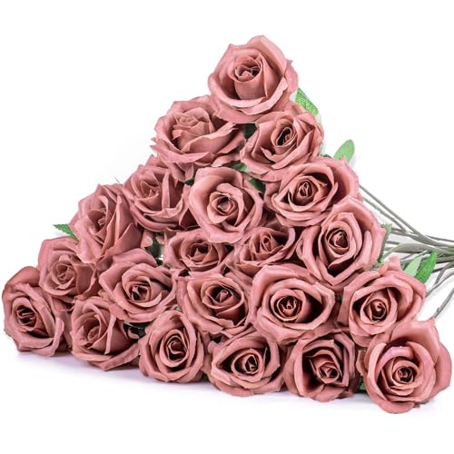 Hotop 20 Pcs Artificial Rose Flowers with Long Stem,Real Lifelike Silk Realistic Plastic Bouquet Roses Bulk for Home Decor Bridal Wedding Party Table Centerpieces Decorations(Dusty) - color: Dusty