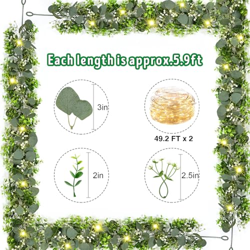 8Pcs Eucalyptus Garland with Lights, Greenery Garland, Green Garland with Flowers, 5.9FT Artificial Faux Eucalyptus Leaves Vines for Table Mantle Home Wedding Party Indoor Outdoor Decor（2 Long Lights） - color: Eucalyptus Garland With Lights, size: 8Pcs