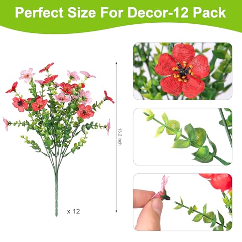 Artificial Fake Mums Flowers for Outdoor Spring Summer Decor, 12 Bundles Faux Silk Plants Daisy for Planter Pot Colorful UV Resistant Look Real for Front Door Porch Patio Outside Yard(Red Pink) - color: Red Pink