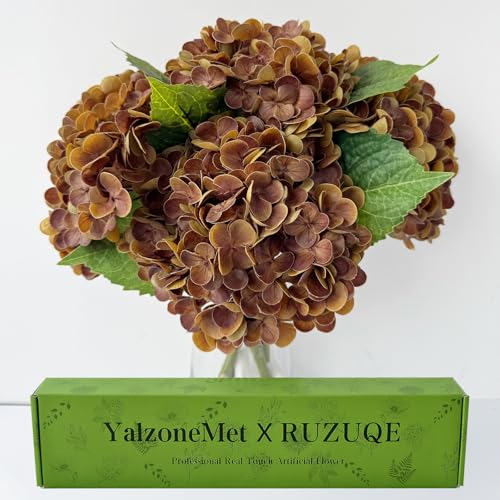 YalzoneMet 4 PCS Brown Hydrangea Artificial Flowers 21'' Real Touch Faux Latex Bronze Hydrangea Flowers for Tables Centerpieces Boho Fake Flowers for Vintage Home Kitchen Decor - color: Brown