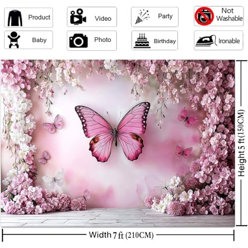 5x3ft Flower Butterfly Wall Backdrop Pink Floral Princess Girl Birthday Party Photography Background Photo Backdrop Art Wedding Banner Photo Studio Props - color: Pink02, size: 5X3FT