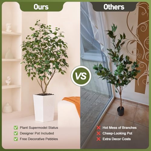 VeriNatural 5FT Artificial Ficus Tree with White Taper Planter & Pebbles– Tall Faux Trees with UV Resistant Silk Leaves for Indoor Outdoor - Potted Fake Floor Plants for Home Office Room Decor, VN128