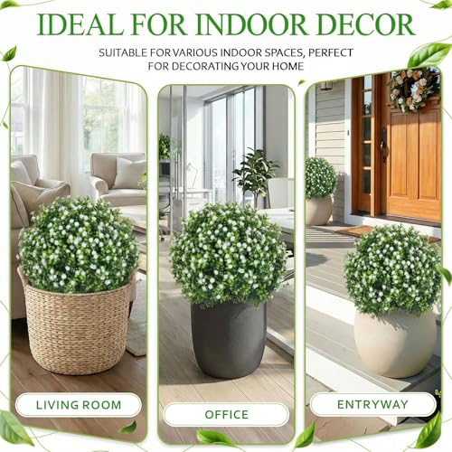 Artificial Boxwood Topiary Ball Trees with Baby Breath Flowers with Spikes for Outdoor 24" Set of 2 , UV Resistant Faux Greenery Shrubs, Realistic Fake Bushes Plant for Garden Yard Front Porch Decor - color: Boxwood Baby Breath