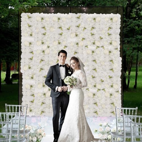 3D Flower Wall Backdrop - 12Pcs 15×15 Inch Artificial Rose Panels White Silk Floral Decor for Home Party Wedding Anniversary Birthday Photographic Studio Background & Decorative Fences - color: White, size: 12PCS-15x15