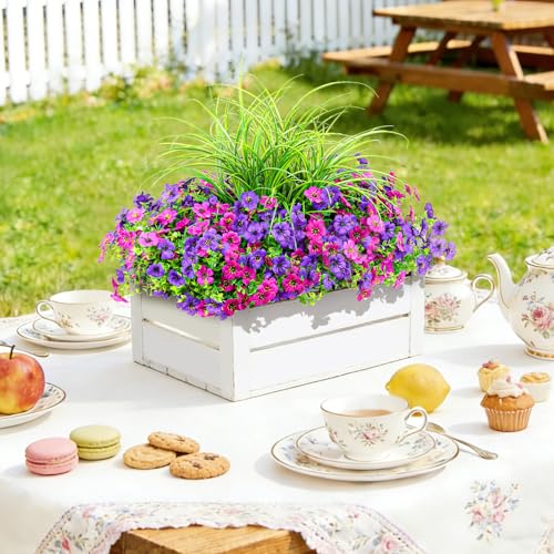 Artificial Flowers for Outdoors UV Resistant, 14 Bundles Fake Plants Realistic Silk Flowers with Faux Ferns for Outside Planters Home Porch Patio Garden Back Yard Spring Summer Decoration - color: Double Purple