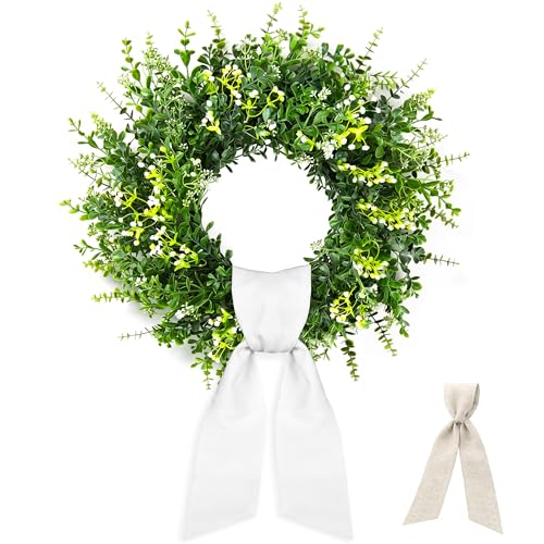 26 Inch Large Artificial Boxwood Wreaths for Front Door All Season, Eucalyptus Wreath with 2 Sashes, Baby's Breath and Flower Buds, Summer Farmhouse Greenery Decor for Outdoor, Porch, Home