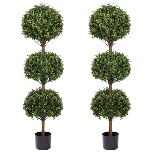THE BLOOM TIMES 55" Artificial Boxwood Triple Ball Topiary Trees, UV Resistant Large Tall Fake Potted Plants for Outdoor Planter, Realistic Faux Bushes Shrubs for Front Porch Outside Decor Set of 2 - color: Boxwood-dark Green, size: 55 inch