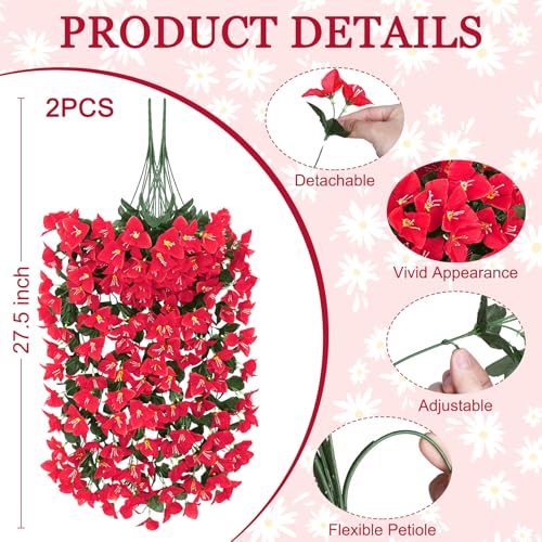 Artificial Bougainvillea Flowers Plants for Outdoors Decoration, 2 Pcs Faux Silk Flowers Long Trailing Fake Vines for Front Door Porch Planter Balcony Patio Summer Spring Home Decor, Red - color: Red