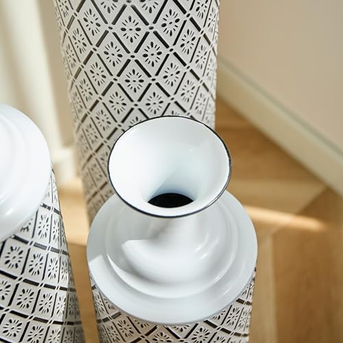 Metal Floor Vases Decorative, Set of 3 Flower Arrangement Stand, Tall White＆Black Metal Floor Vases for Living Room, Bedroom & Entryway, 33.85", 29.13", 24.8" H (White＆Black) - color: White＆black