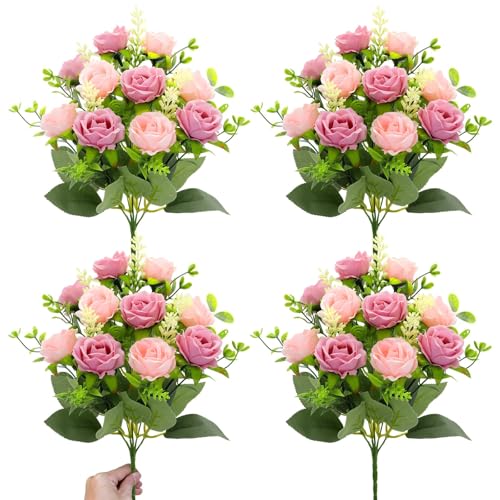 TURNMEON 40 Heads Fake Roses Artificial Flowers for Outdoors Summer Decor, 4 Bouquets UV Resistant Fake Flower Bouquet Faux Silk Roses for Wedding Birthday Party Home Mother's Day Cemetery Decor(Pink) - color: Pink