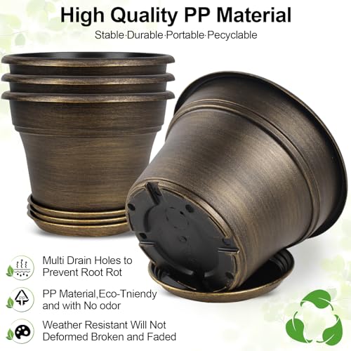 16 inch Plant Pots Outdoor Planters，4 Pack Large Plastic Flower Pot For Indoor Plants With Drainage Holes & Saucer, Resin Decorative Container Sets With Trays For House Outdoor Garden Plant Dark Gold - color: Gold, size: 16 inch-4 pack