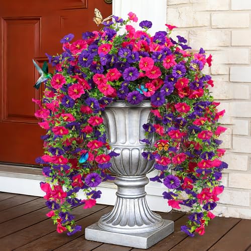 UV Resistant Cascading Artificial Hanging Flowers for Outdoors Decoration,4 Bundles NO Fade Realistic Faux Silk Plants Colorful Morning Glory for Outside Garden Yard Planter Front Porch Decor - color: Rose+purple