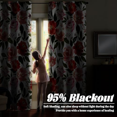 Renaiss Watercolor Flowers Curtains Rose Peony Floral Print Blackout Window Curtain Panels Thermal Insulated Grommet Top Window Curtains for Living Room Bedroom 29W x 45L Inch 2 Panel Set - color: Orange Pink, size: 29"W x 45"L (Pack of 2)