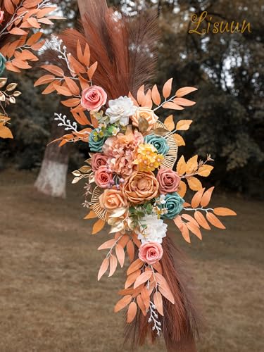 Lisuun Wedding Arch Flowers, Artificial Flowers for Decoration, Large Flower Swag for Boho Styles Wedding Ceremony Floral Decor - Pack of 2 - color: Orange&pampas Dark Coffee