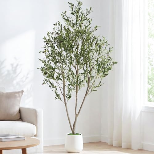 7FT Artificial Olive Tree Indoor with White Pot Tall Planter, Faux Olive Tree with Natural Wood Trunk and Lifelike Fruits for Home Office Living Room Decor - size: 7ft