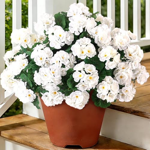 Ammyoo Artificial Geranium Flowers for Outdoors Decoration, 6 Pcs Fake Silk Geraniums Flower UV Resistant Look Real Faux Plants for Spring Garden Porch Planter Yard Table Centerpieces Decor - color: White