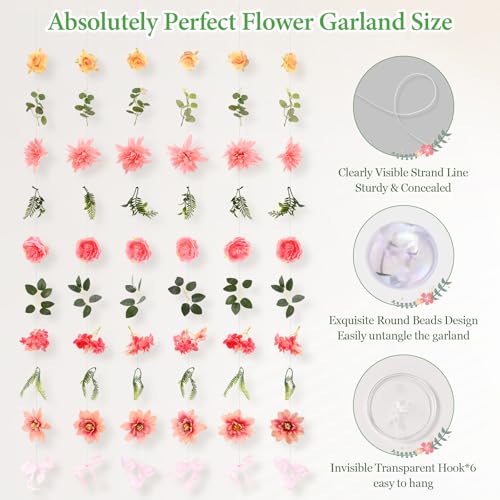 Livole 6Pcs 36Ft Hanging Flower Garland with Bow Wildflower Garlands Backdrop Silk Artificial Fake Floral Vines for Wedding Bridal Party Birthday Arch Wall Home Garden Decor(Pink) - color: Pink, size: 6Pcs