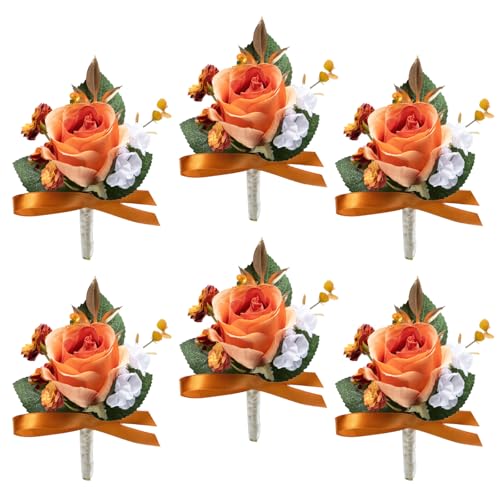 Marriwise 6pcs Coral Orange Boutonniere for Men, Artificial Silk Rose Flowers Wedding Groom Groomsmen Boutonniere for Wedding/Anniversary/Prom/Rustic Wedding/Homecoming (Coral Orange) - color: Coral Orange