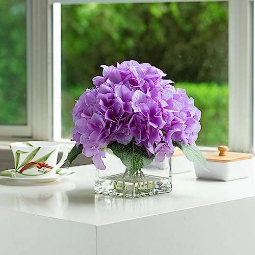 ENOVA FLORAL Silk Hydrangea Artificial Flowers in Vase with Faux Water, Silk Flower Arrangements in Vase for Home Decor, Wedding Table (Purple) - color: Purple