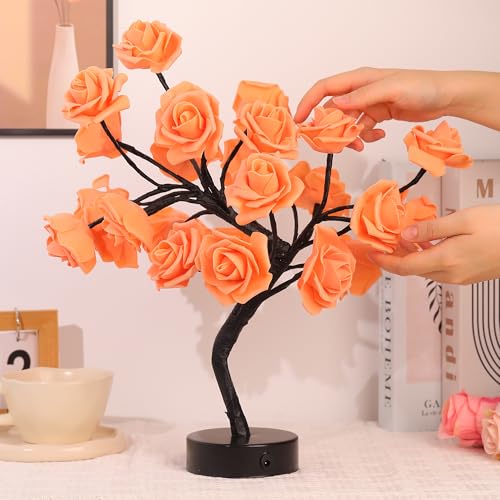 Drawelry Rose Flower Tree Lamp - LED Rose Tree Table Lamp USB/Battery Powered Artificial Bonsai Flower Night Light for Bedroom Living Room Party Wedding Birthday Decor (Orange) - color: Orange