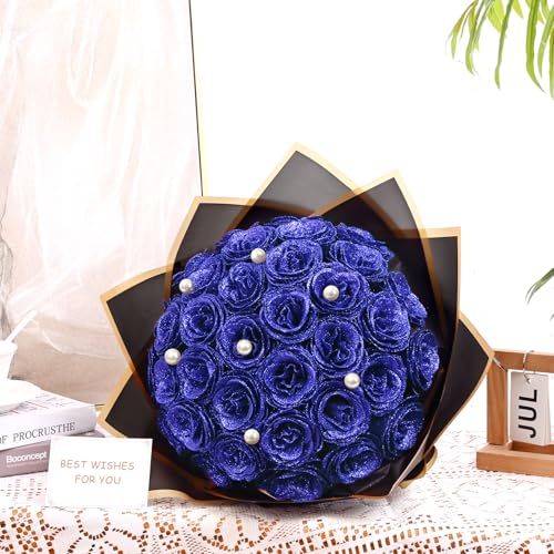 Waipfaru Blue Glitter Roses Bouquet, DIY Fake Flowers Bouquet, Everlasting Shiny Artificial Rose Bouquet for Valentines, Anniversary, Engagement, Wedding, 24 Roses - color: Blue, size: 24pcs