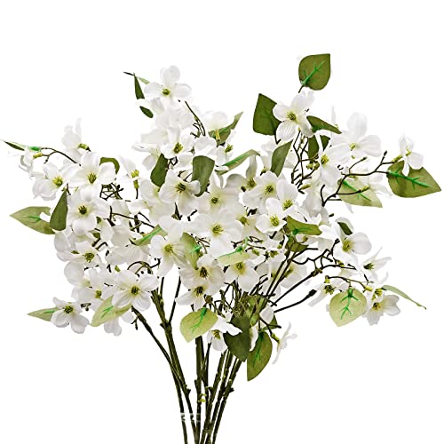 LIUCOGXI 7 Pcs Artificial Dogwood Flowers Floral Arrangements Artificial Silk Bridal Flowers Bouquets Fake Cornus Bush for Home Wedding Bouquet Kitchen Table Decoration Without Vase - color: White # 7pcs