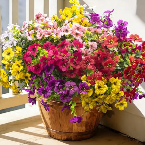Grunyia 20 Bundles Artificial Flowers for Outdoors, UV Resistant Fake Plants Flowers Greenery Shrubs Plants for Decoration Outside Plants Hanging Planter Home Garden Decor (Mix（6 Color）) - color: Mix（6 Color）
