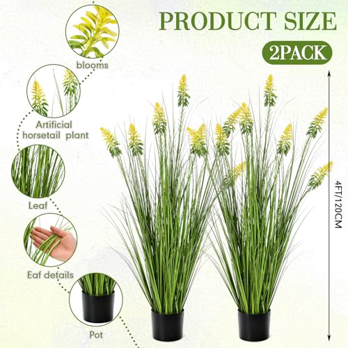 Jexine 2 Pieces Faux Plants Outdoor 4 ft Horsetail Reed Grass with Yellow Cockscomb Flower Tall Artificial Grass Plant Potted Faux Greenery Floor Plant for Housewarming Gift House Garden Lobby Outdoor - color: Yellow Cockscomb Flower