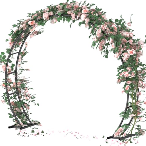 Queension Metal Wedding Arch | for Ceremony Party Decoration 8Ft Wide 7Ft High,Garden Arch Trellis with Ground Bases for Climbing Plants,Outdoor Garden Arbor for Roses Vines, Round Frame, Black - color: Black, size: 8FT