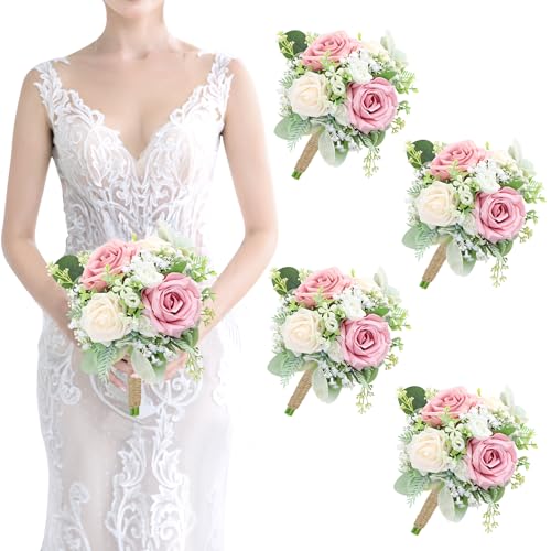 Bridesmaids Bouquets Flowers Set of 4 - Artificial Bridesmaid Bouquet Wedding 7 Inch Rustic Small Floral Centerpiece for Marriage Proposal Party Anniversary Dining Table Decor - Green & Blush Pink - color: Green & Blush Pink, size: 4pcs