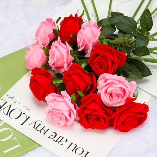 Pink Fake Roses Artificial Flowers - 16 Pcs Fake Artificial Roses Silk Flowers with Stems for Home Wedding Hotel Office Centerpiece Decor - color: Pink, size: 16 Pcs