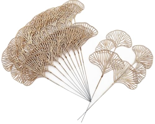 Golden Ginkgo Leaves Stems Christmas Decoration, Artificial Plants Fake Plastic Simulation Apricot Leaf Grass for Wedding Party Indoor Home Office DIY Crafts Flowers Bouquet Xmas Gold Decor - 12 Pack - color: Gold Ginkgo Leaves - 12 Pcs