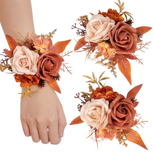 TINGE TIME Set of 2 Wrist Corsage Bracelets Pearl Wristlet Band Bridesmaid Bracelet for Wedding Ceremony Bridal Shower Wedding Artificial Flower Prom (Maple Red) - color: Maple Red