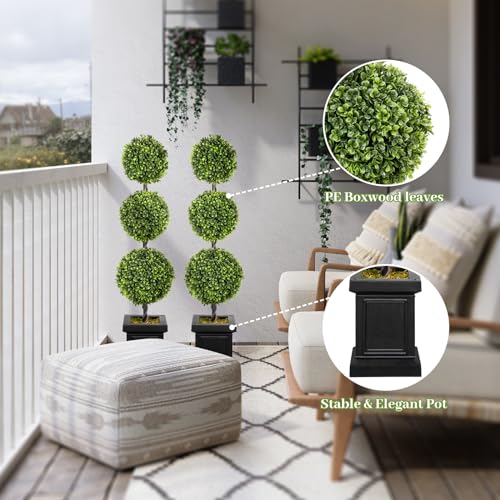 3.5ft Boxwood Outdoor Topiary Set of 2, Tall All Year Green Fake Plant Topiary Trees Artificial Outdoor Porch Trees with Sturdy Pot for Outdoor Indoor (Ball)