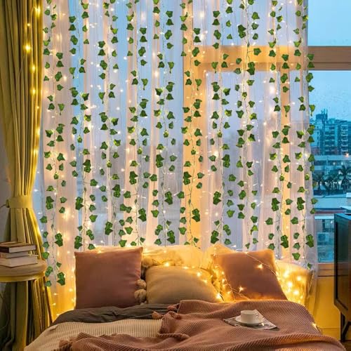 RECUTMS Vines with Lights Strings 59 Inches Wall Leaves Artificial Ivy Greenery Garland Fake Green Decorations Hanging Silk Leaf Plant All Year Round for Garden Office Wedding Table - color: Green Light2