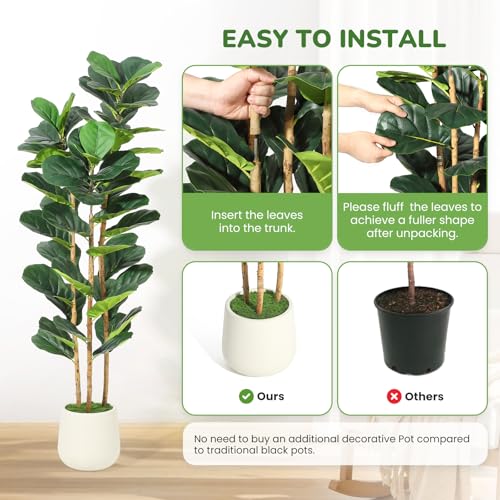 Garvee Artificial Fiddle Leaf Fig Tree with White Planter, 5 ft Tall Fake Plant with Natural Wood Trunk, Faux Ficus Tree Potted Moss for Home Office Living Room Decor - size: 5ft