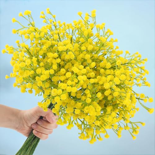 N&T NIETING Babys Breath Artificial Flowers Bulk, 15Pcs Fake Gypsophila Bouquet Flowers Real Touch Faux Babies Breath Arrangement for Wedding Floral Party Home Centerpieces Vase Decoration, Yellow - color: Yellow, size: 15pcs-Standard