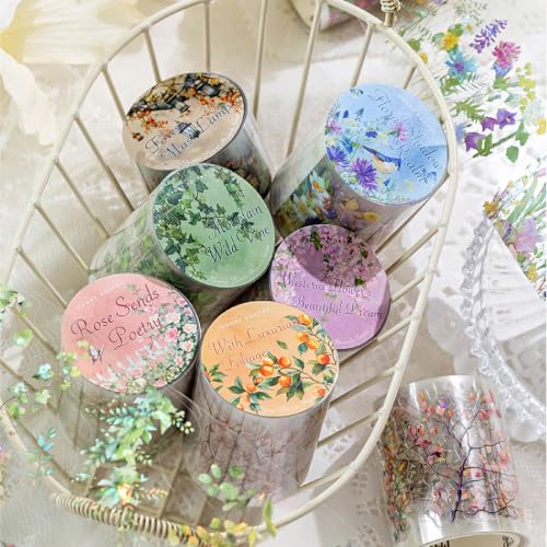 PET Tape Stickers for Journaling 6 Rolls Pre-Cut Flower Washi Tape Stickers Decorative Tape for Crafts Scrapbooking Junk Journal Supplies, Flower Branch - color: Flower Branch