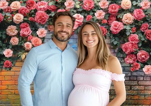 7x5ft Pink Rose Flower Backdrop Colorful Brick Wall Flowers Backdrops Wedding Birthday Party Baby Showers Decorations Background - size: 7x5ft