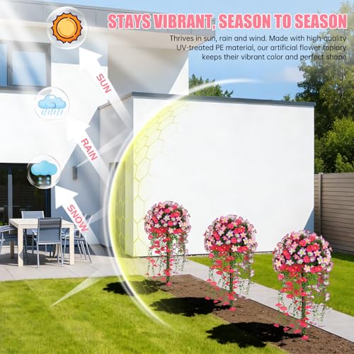 Yangrass Artificial Topiary Ball Trees with Pink Morning Glory Flowers, 3FT Faux Outdoor Plants Artificial Bushes Set of 2 with Ground Spike, UV Resistant Fake Shrubs for Front Porch Garden - color: Pink Morning Glory