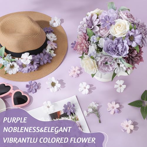 Janinka 100 Pcs Purple Assorted Fake Flower Heads with Long Stem Mini Artificial Flower Bulk Mix Silk Faux Daisy for Crafts Fake Peony Rose for DIY Wedding Party Wreath Home Decoration - color: Purple