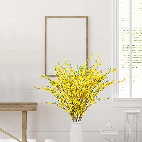 Sggvecsy Fake Forsythia Stems Artificial Orchids Flowers 4 Pcs Fake Forsythia Branches Fake Faux Long Stem Flowers Yellow Silk Forsythia Branches for Home Wedding Indoor Outdoor Decoration