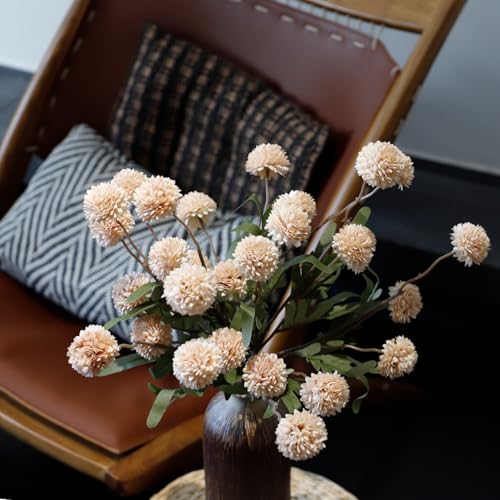 6 Pcs Beige Faux Silk Pompon Mum Artificial Flowers, Silk Small Mini Chrysanthemum Ball with Long Stems, for Wedding Champagne Arrangements Bouquets Centerpieces Home DIY Decorations, No Vase - color: Beige