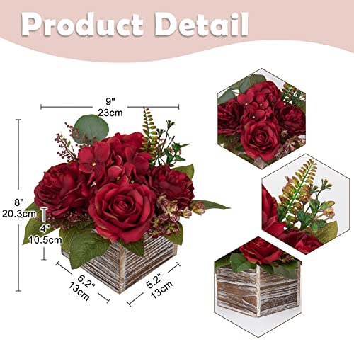 Flower Arrangement with Wooden Vase 8" Artificial Flowers in Pot - Fake Flowers Roses Peonies Hydrangeas in Wooden Vase Potted Artificial Flower Centerpieces for Table Decor Living Room - Red - color: 8"h Burgundy Red